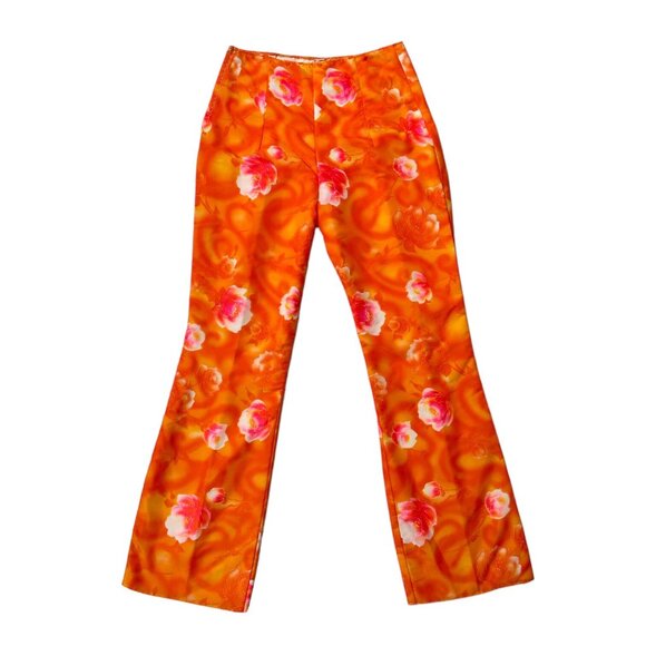 60s vintage highwaisted flare pants psychedelic pattern print orange roses. - Picture 6 of 7